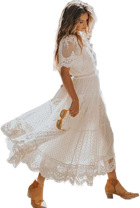 acka❤︎flower lace dress 美品　size s Akivide Women's Boho Floral Lace V Neck Flowy Tiered Dress